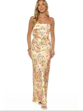 Beginning Boutique Maiah Yellow Bloom Prom Dress Strapless Floral Maxi Dress NWT